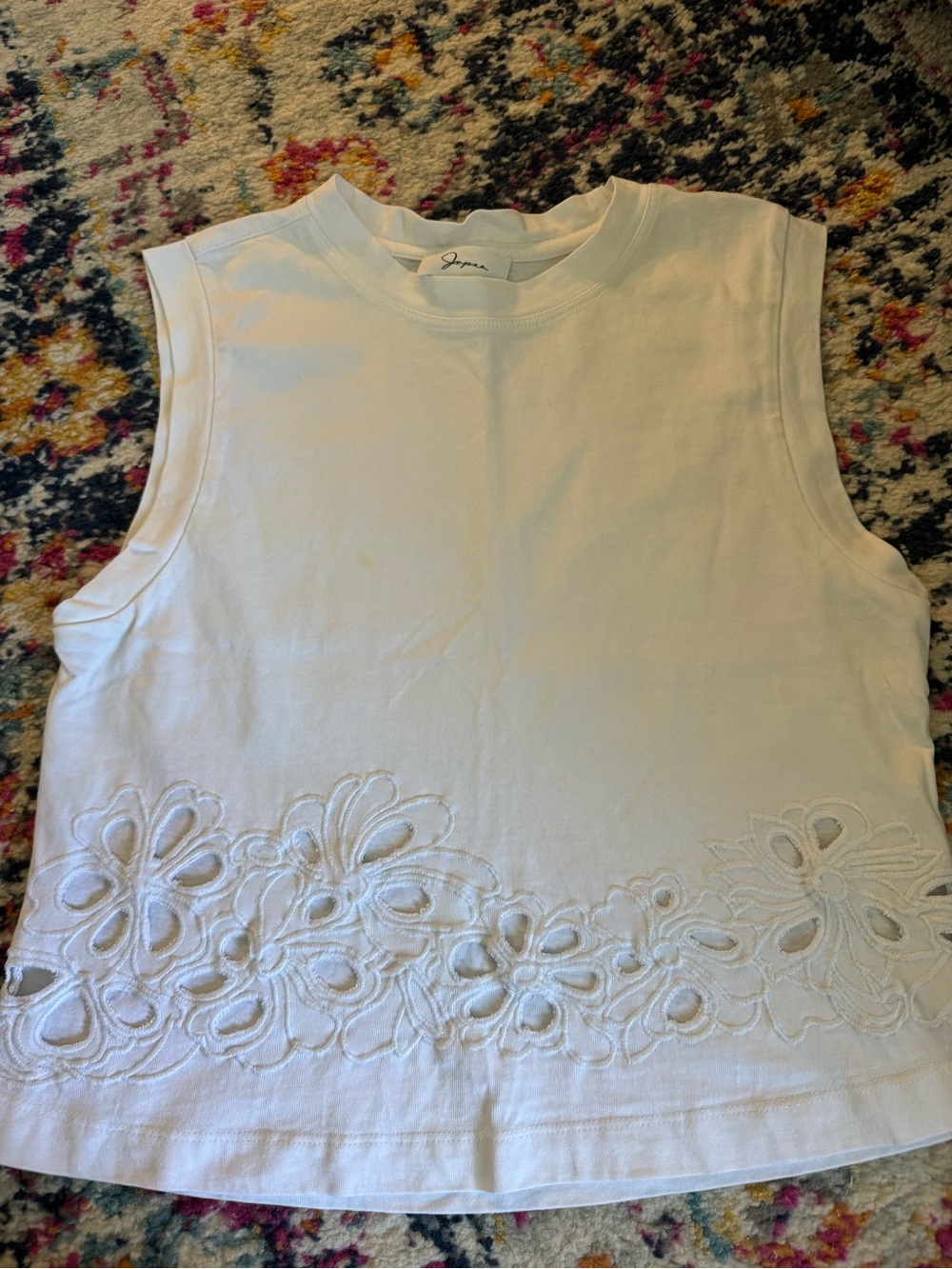 Japna White Sleeveless Tank with Floral Cutwork Hem
